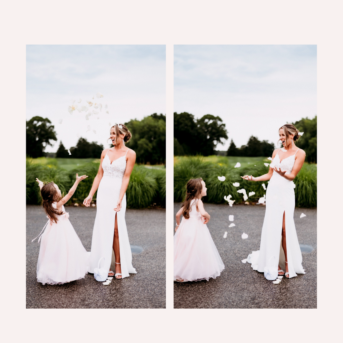 A bride with her flower girl on her wedding day throwing flower petals near the flower girl dress and wedding dress