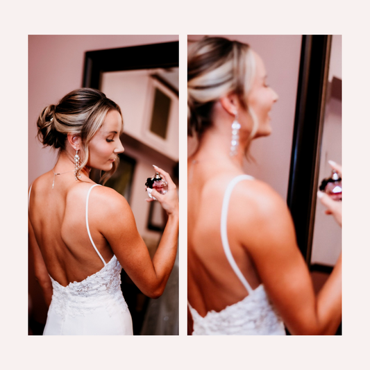 A bride spraying her favorite wedding perfume on her wedding day